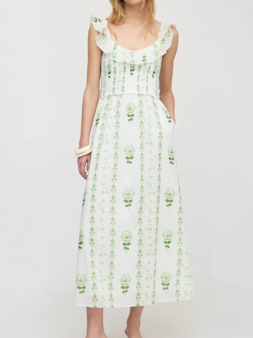 The Cambria Nap Dress - White/Green Arcadia Border